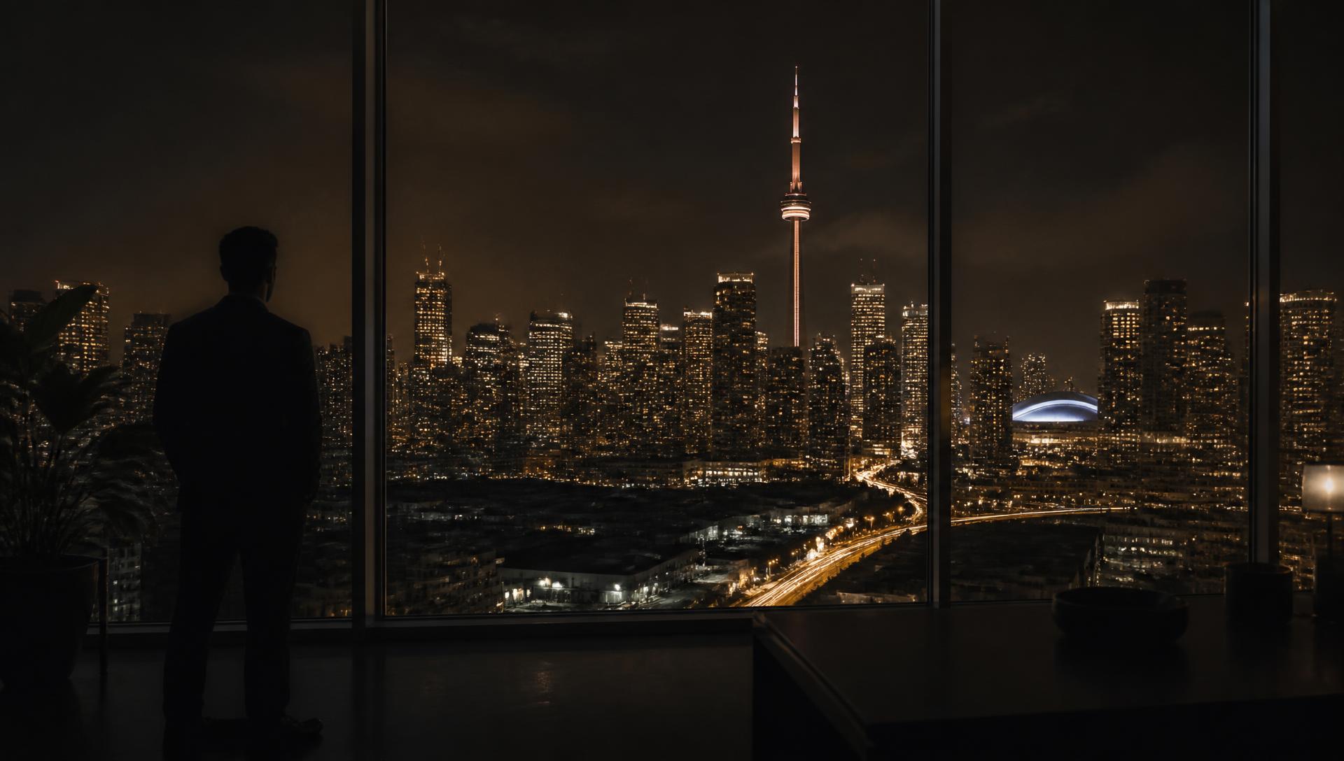 Toronto skyline at night seen from a spotless office floor